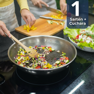 Sartén Wok Acero Inoxidable Antiadherente 34cm +Cuchara de Madera Bambú