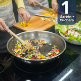 Sartén Wok Acero Inoxidable Antiadherente 34cm +Cuchara de Madera Bambú