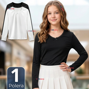 Camiseta Polera Algodón Cuello Redondo Primera Capa Manga Larga Colores Surtidos Niña
