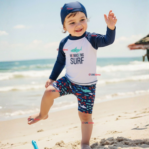 Traje de Baño Con Gorro Pantalón Corto Manga Larga 3 Piezas Corte Split Niño 3 a 9 años Blue Surf
