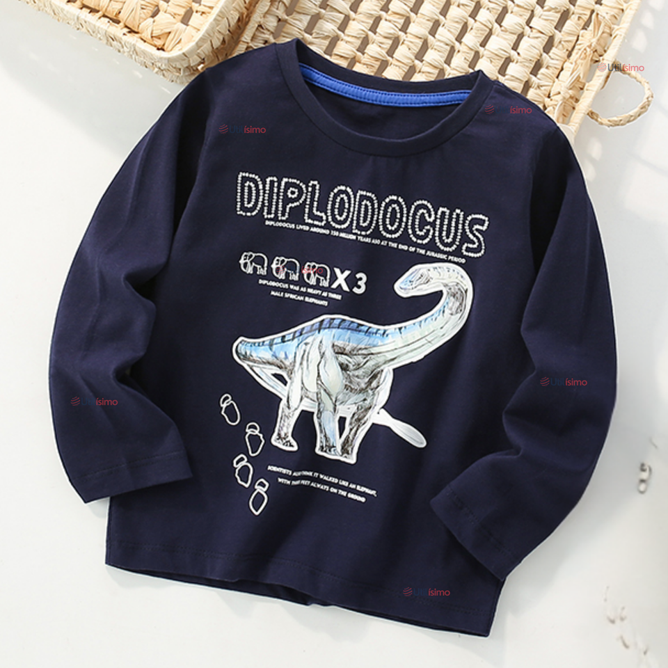 Polera Manga Larga Niño 100% Algodón Dinosaurio Azul Camiseta