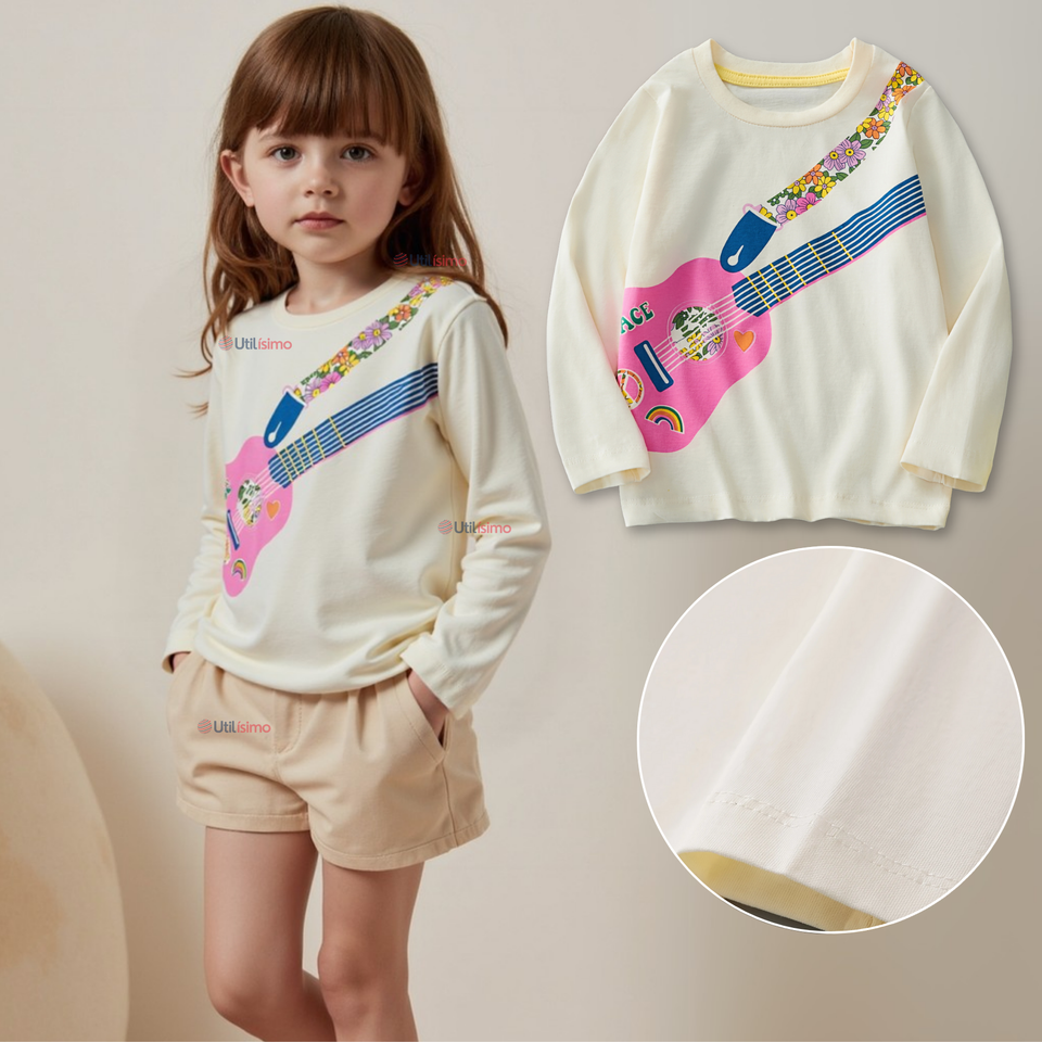 Polera Manga Larga Niña 100% Algodón Guitarra Blanco Camiseta