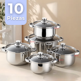 Mini Batería de Cocina 10 Piezas de Acero Inoxidable con Tapa de Vidrio Templado