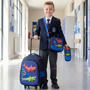 Mochila Escolar Con Ruedas + Estuche + Lonchera 46cm Desmontable Poliéster Azul Tiburón Niño