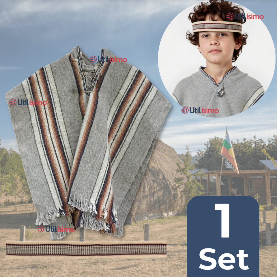 Set Poncho Manta Mapuche LANA GRUESO 114x56cm +TRARILONCO CINTILLO MAPUCHE 87C M Fiestas Patrias