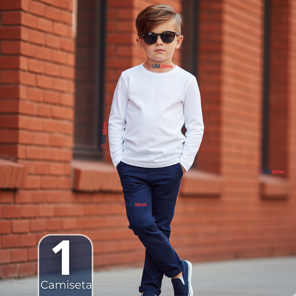 Camiseta Algodón Manga Larga Polera Primera Capa Blanco Niño