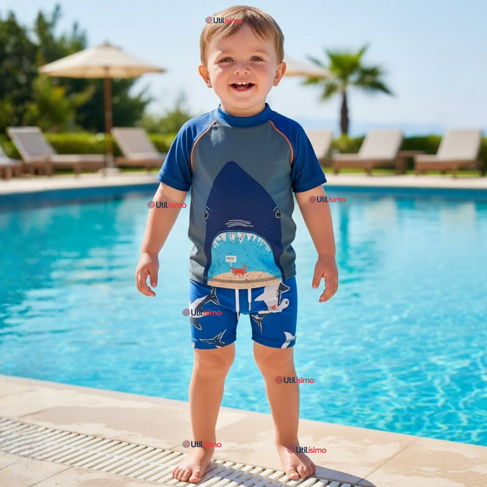 Traje de Baño Pantalón Corto Manga Corta 2 Piezas Corte Split Niño 2 a 4 años Blue Shark