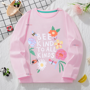 Polera Manga Larga Niña 100% Algodón Flores Rosado Camiseta