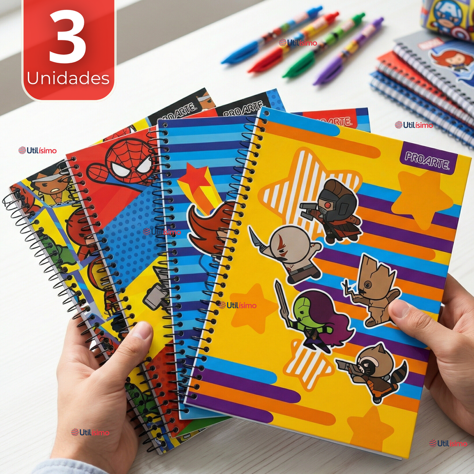 Pack 3 Cuadernos Universitario Marvel Heroes Kawaii 150 Hojas Tapa Gruesa Proarte Diseño Surtido
