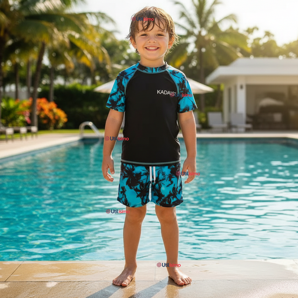 Traje de Baño Pantalón Corto Manga Corta 2 Piezas Corte Split Niño 4 a 6 años Black
