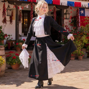 Traje Huasa Elegante Negro Juvenil Conjunto 4 Piezas Típico Fiestas Patrias