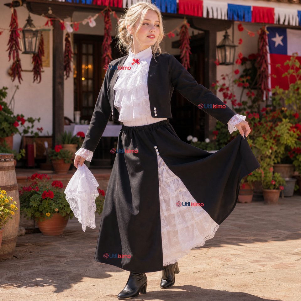 Traje Huasa Elegante Negro Juvenil Conjunto 4 Piezas Tipico Fiestas Patrias