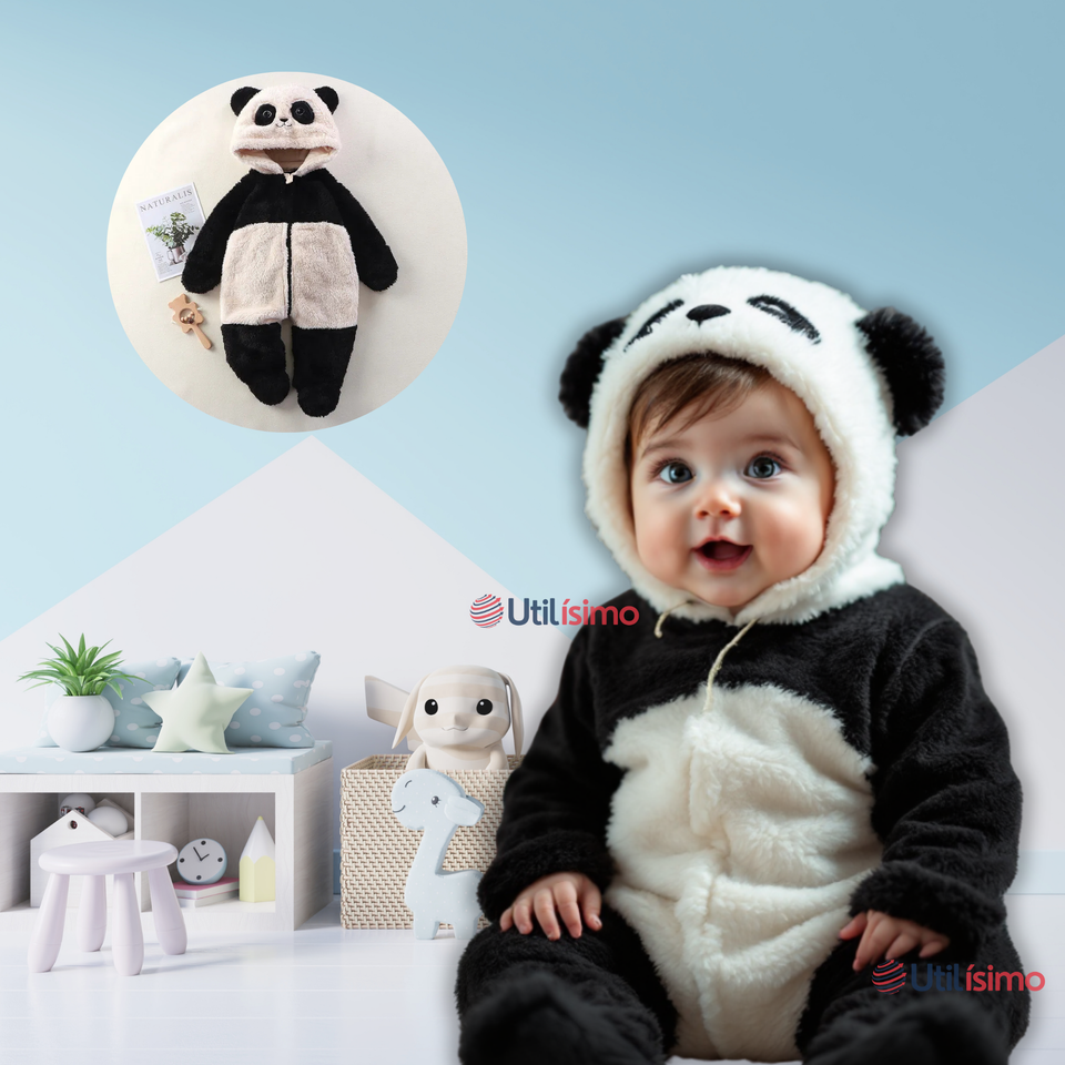 Enterito Panda con Capucha bebe Polar Blanco y Negro