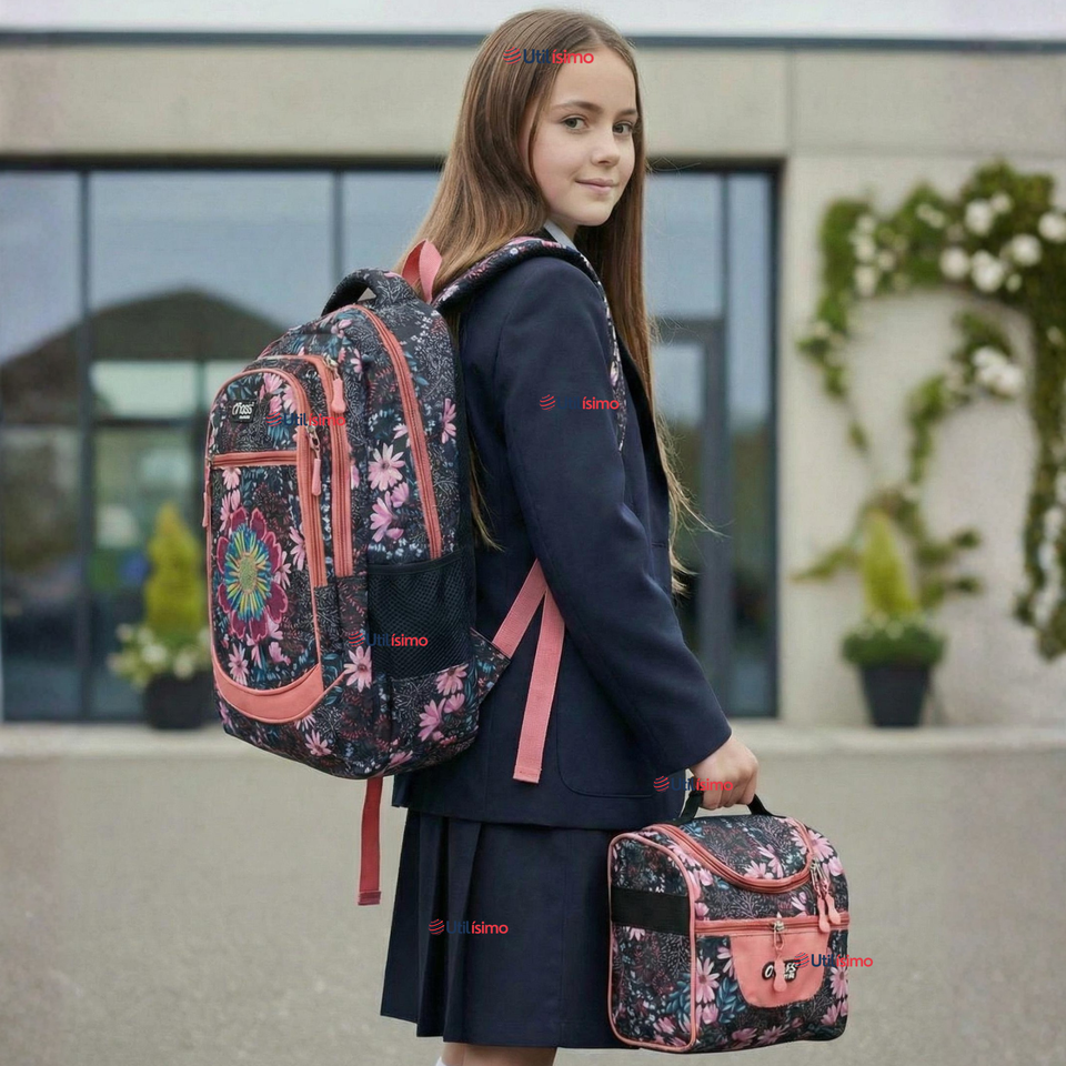 Mochila Bolso Escolar + Estuche + Lonchera 45Cm Niña Tela Oxford Night Blossom