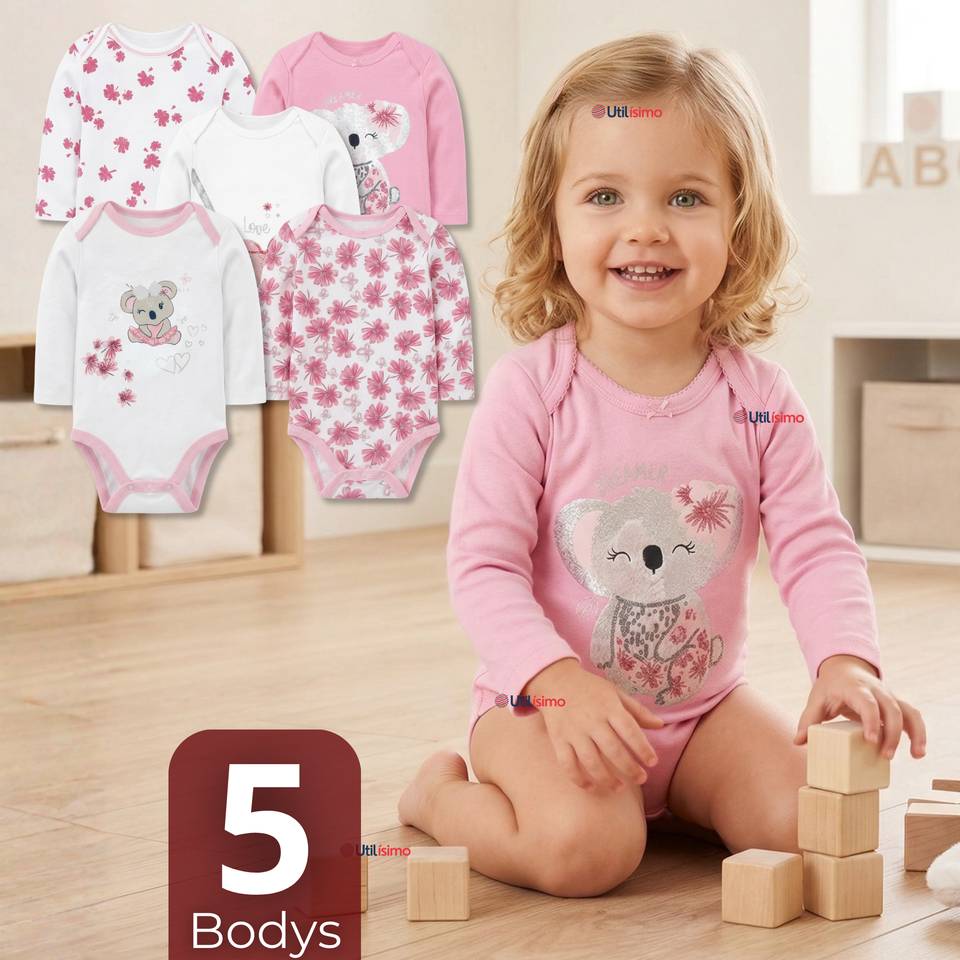 Pack 5 Bodys Manga Larga 100% Algodón Bebé Niña Koala Dreamer