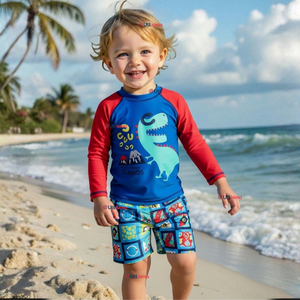 Traje de Baño Manga Larga Pantalón Corto 2 Piezas Corte Split Niño 3 a 9 años Blue Dinosaur