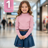 Polera Camiseta Bambú Cuello Beatle Primera Capa Rosado Claro Manga Larga Niña