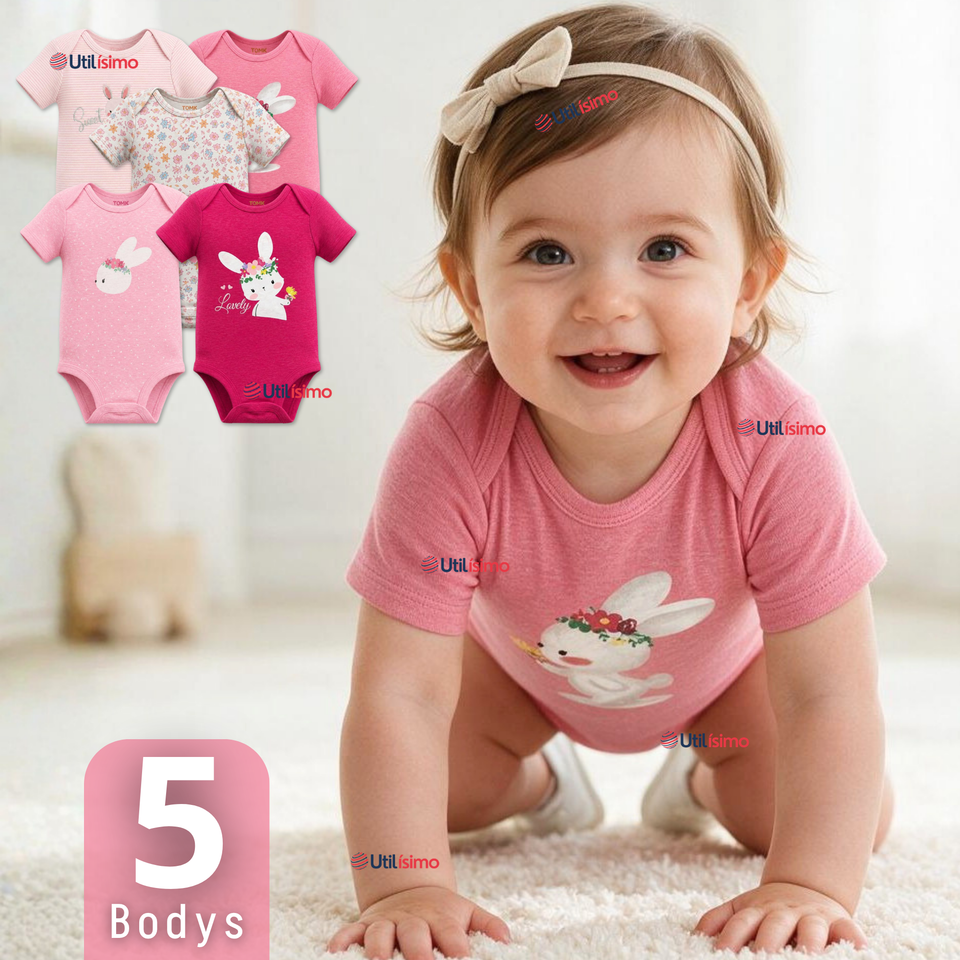 Pack 5 Bodys Manga Corta %100 Algodón Tedmimak Niña Bunny Blossom