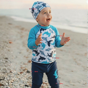 Traje de Baño Con Gorro Pantalón Largo 3 Piezas Corte Split Manga Larga Niño 3 a 11 años White Shark
