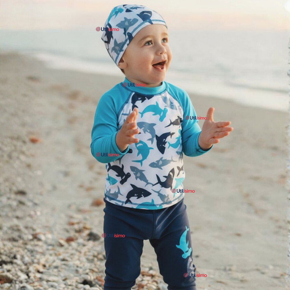 Traje de Baño Con Gorro Pantalón Largo 3 Piezas Corte Split Manga Larga Niño 3 a 11 años White Shark