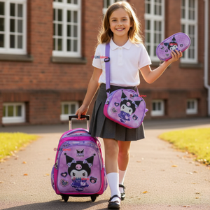 Mochila Kuromi Escolar Con Ruedas + Estuche + Lonchera Desmontable Poliéster Lila Niña