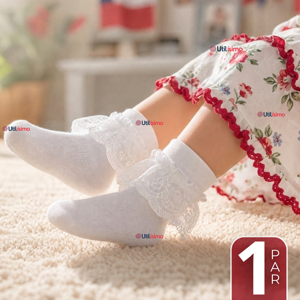 1 Par Calcetines Encaje Vuelos Niña Algodón Fiestas Patrias