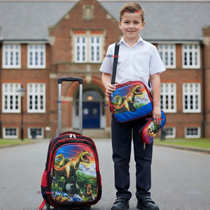 Mochila Escolar Con Ruedas Desmontables Diseño 3D + Estuche + Lonchera Niño Poliéster Dinosaur