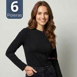 Pack 6 Camisetas Poleras Bambú Primera Capa Negro Manga Larga Mujer