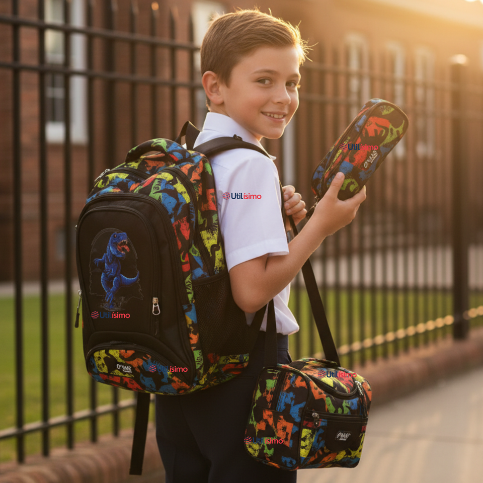 Mochila Escolar Kit Con Estuche y Lonchera 43cm Tela Oxford Dino Niño