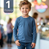 Polera Camiseta Bambú Azul Claro Cuello Redondo Primera Capa Manga Larga Niño