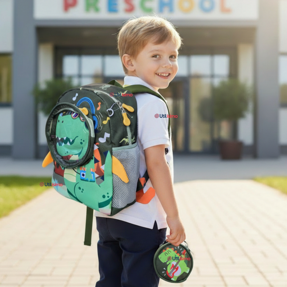 Mochila Escolar Con Estuche 33cm Poliéster Impermeable Dinosaurio Niño
