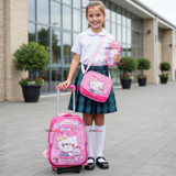 Mochila Escolar Hello Kitty Teddy Con Ruedas Desmontables + Estuche + Lonchera Niña Poliéster