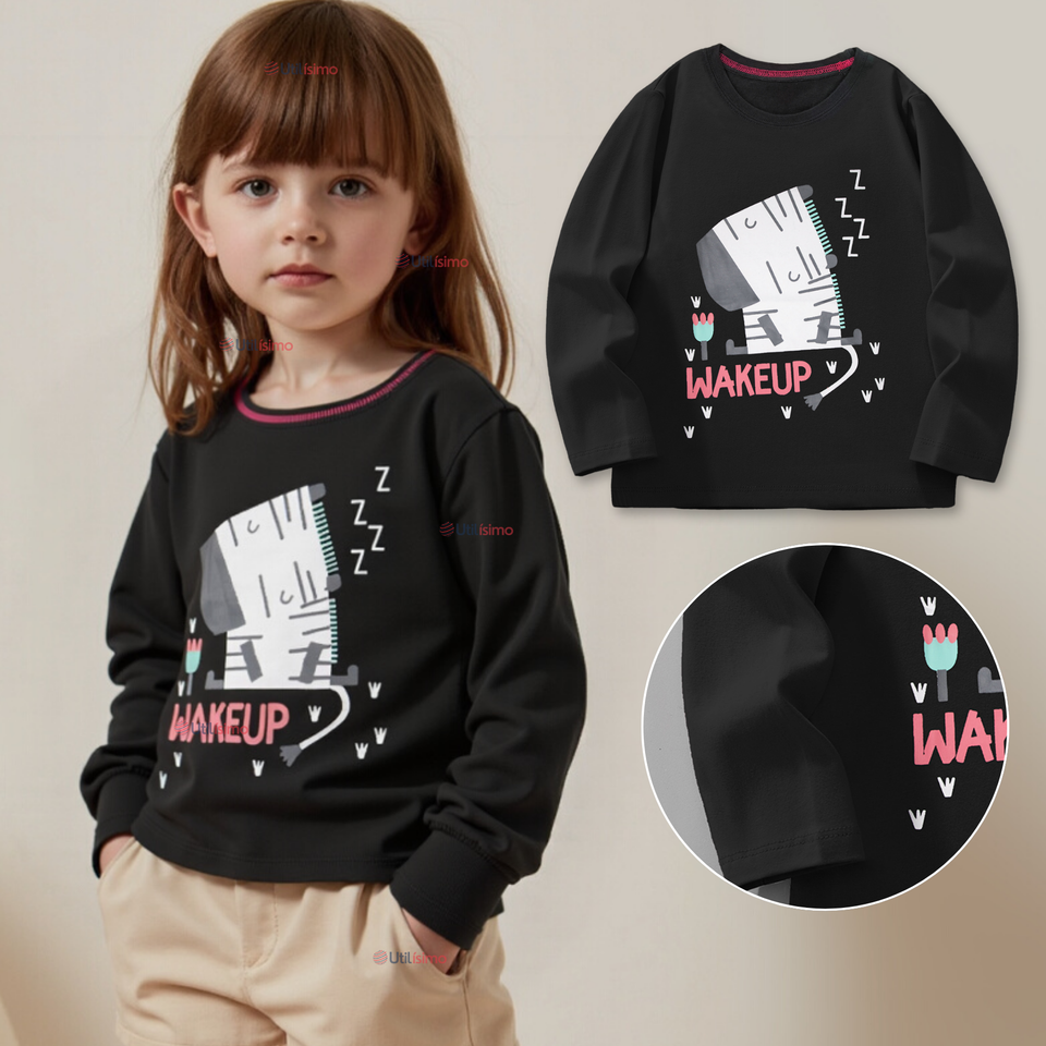 Polera Manga Larga Niña 100% Algodón Zebra Negro Camiseta