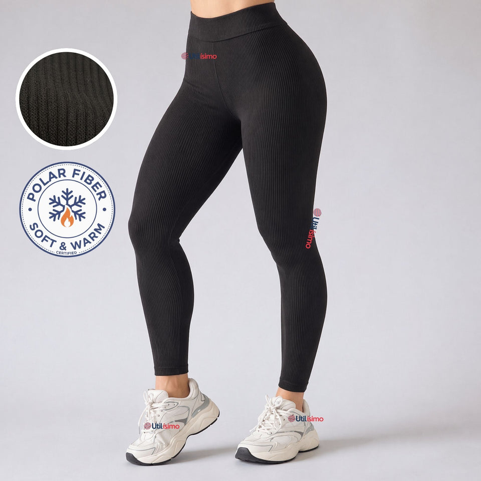 Calza Acanalada Cotelé Polar Con Chiporro Térmica Mujer Elásticada Negra