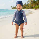 Traje de Baño Enterito Cremallera Manga Larga Con Gorro Niña 1 a 8 años Blue Flowers