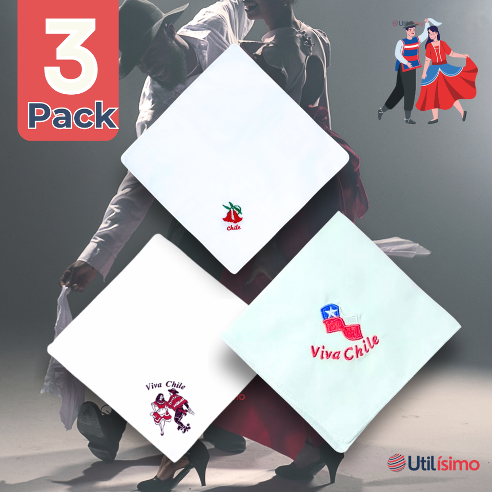 Pack 3 Pañuelos Baile Cueca 36 CM Bordados Fiestas Patrias Surtidos