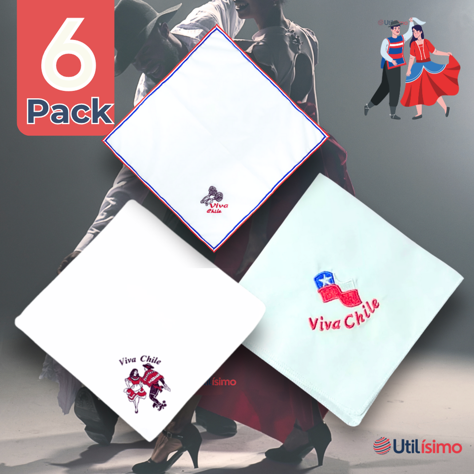 Pack 6 Pañuelos Baile Cueca 45 CM Bordados Fiestas Patrias Surtidos