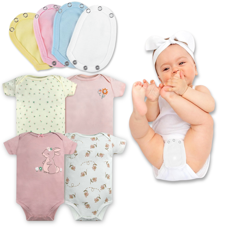 Pack 4 Unidades Extensor Body Bebé +Pack 4 Bodys Algodón Niña Manga Corta Conejos Rosa