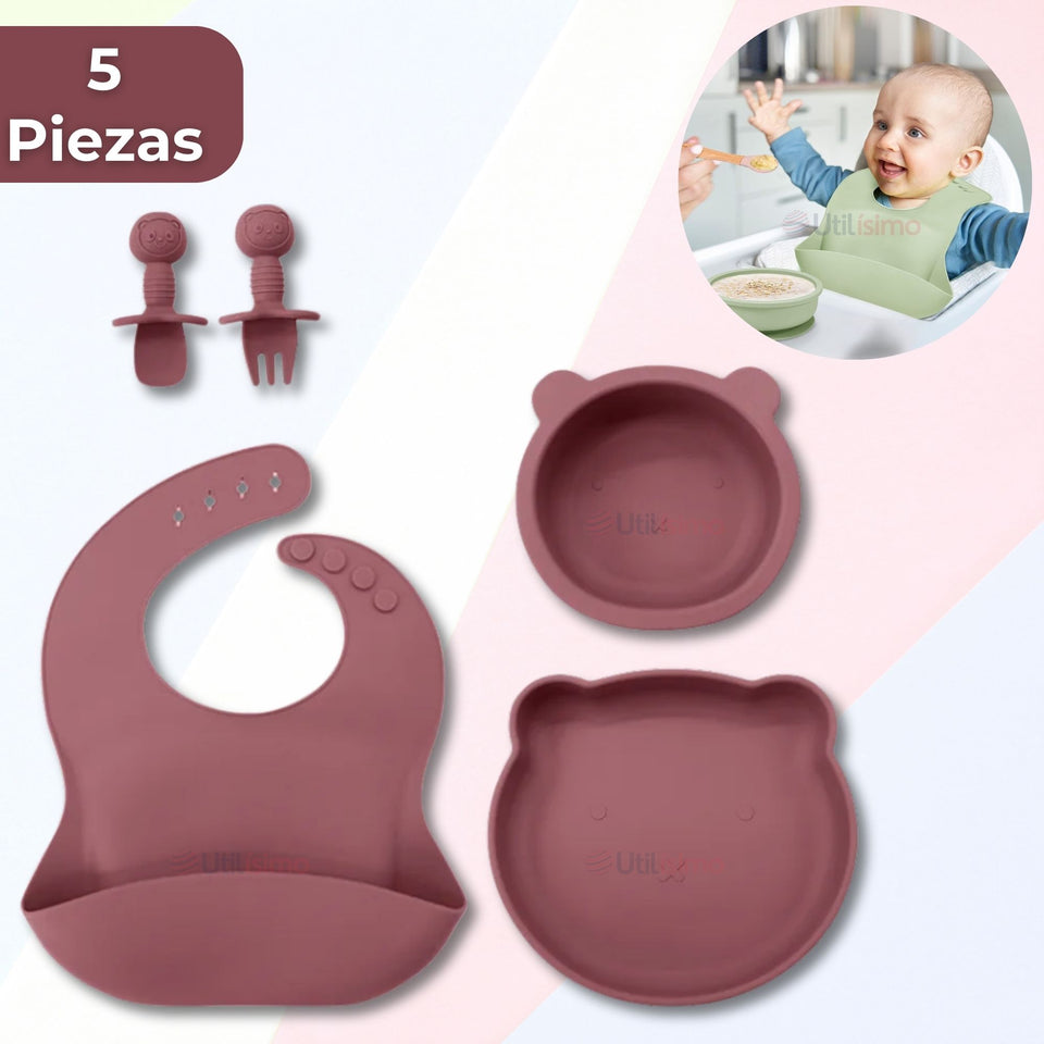 Set De Alimentación Bebé Silicona 5 Piezas De Osito Libre BPA Colores Surtidos