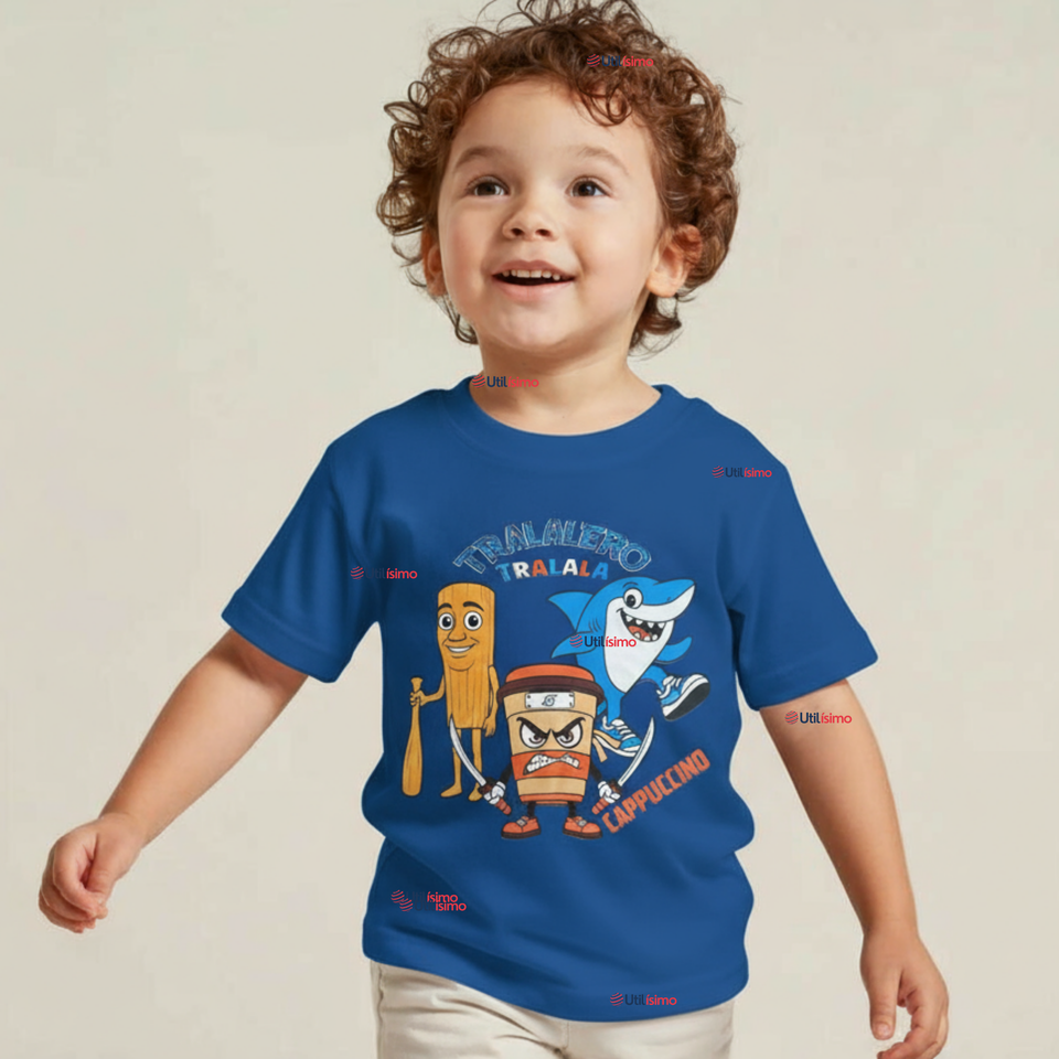 Polera Brainrots 100% Algodón Manga Corta Niño Tralalero Azul