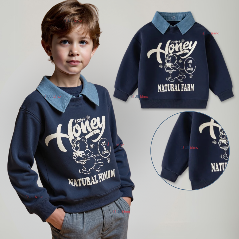 Polerón Estilo Pique Manga Larga Niño 100% Algodón Azul