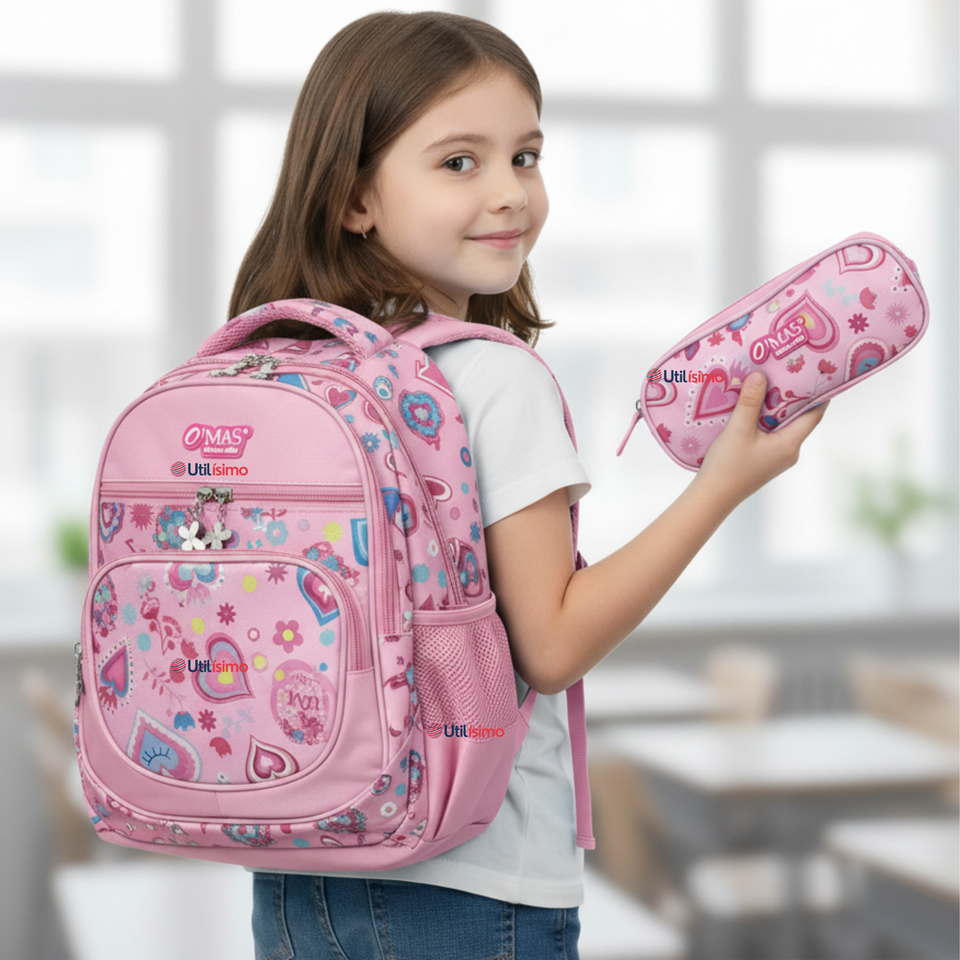 Mochila Escolar Con Estuche 36cm Tela Oxford Impermeable Niña