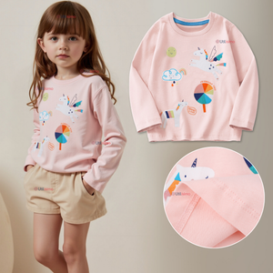 Polera Manga Larga Niña 100% Algodón Dinosauro Unicornio Rosado Camiseta