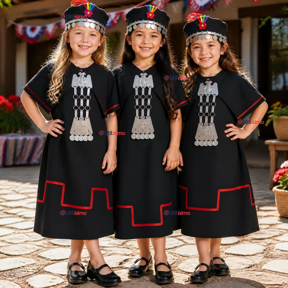 Pack 3 Trajes Típicos Vestido Mapuche Completo 5 Piezas Niña Fiestas Patrias