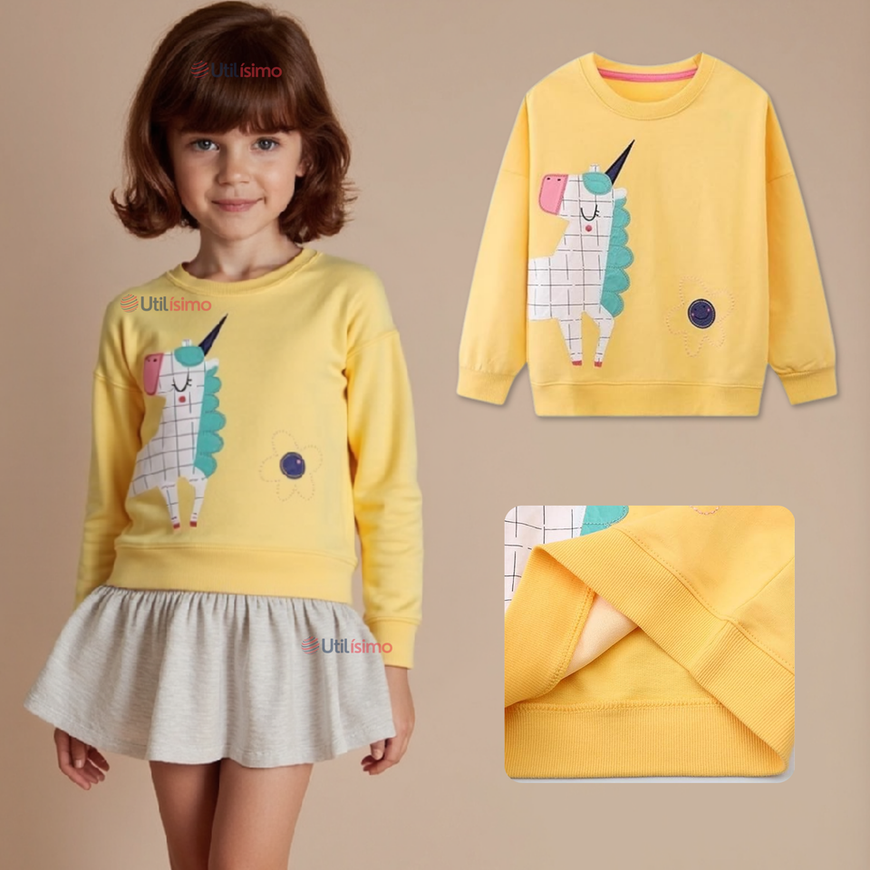 Polerón Algodón Cuello Redondo Niña Amarillo Unicornio