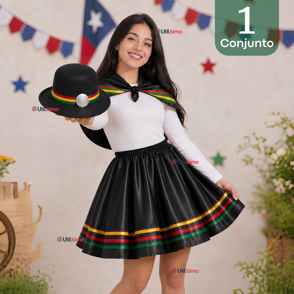 Traje Nortino Juvenil Con Polera 4 Piezas Negro Baile Típico Fiestas Patrias