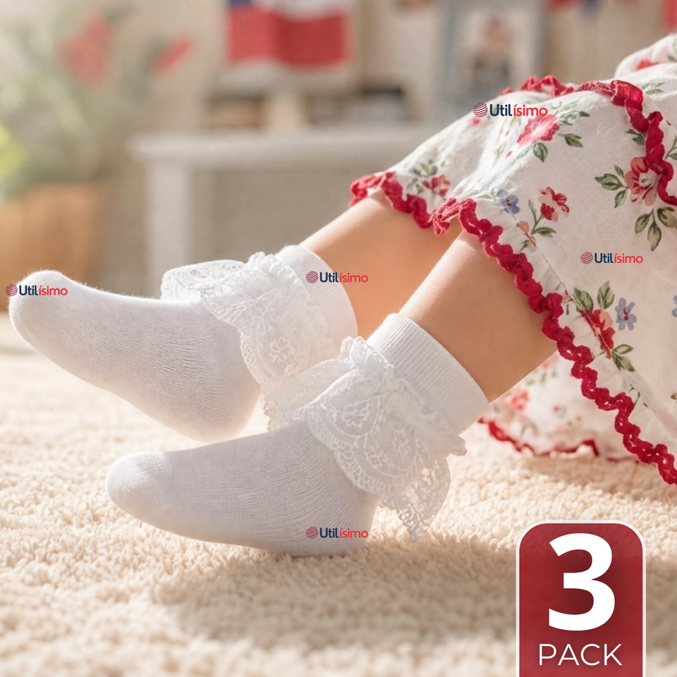 Pack 3 Calcetines Encaje Vuelos Niña Algodón Fiestas Patrias