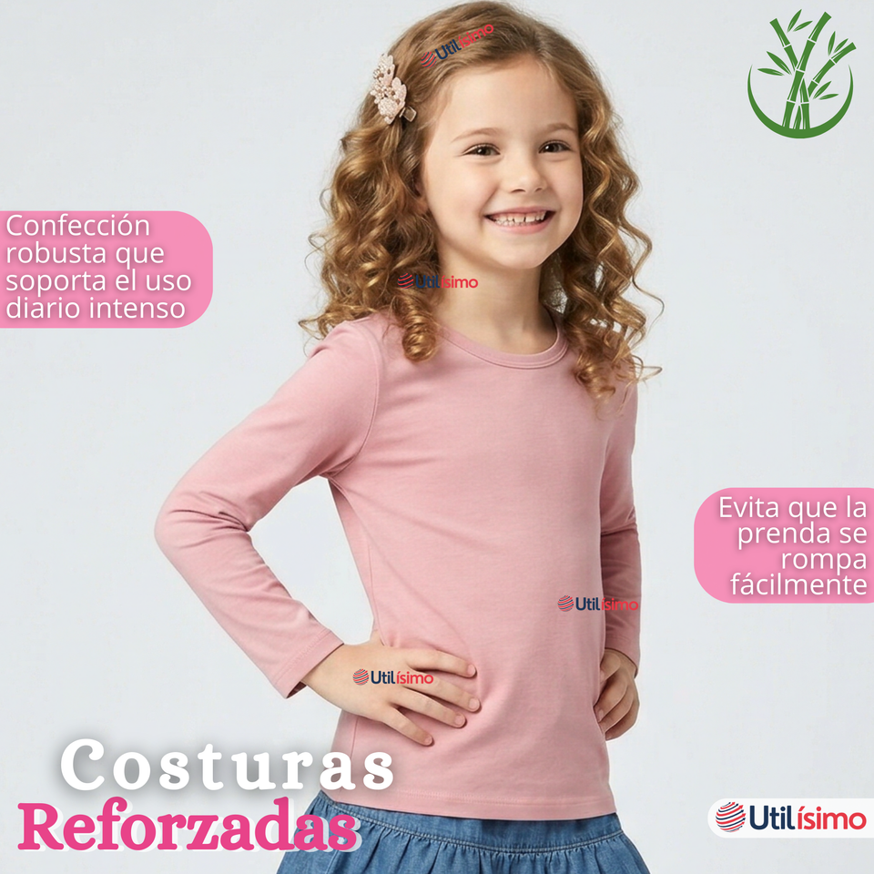 Camiseta Polera Bambú Cuello Redondo Primera Capa Manga Larga Colores Surtido Niña