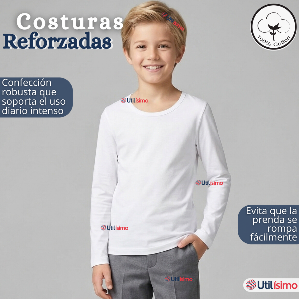 Pack 3 Camisetas Poleras Algodón Primera Capa Manga Larga Blanco Negro Niño