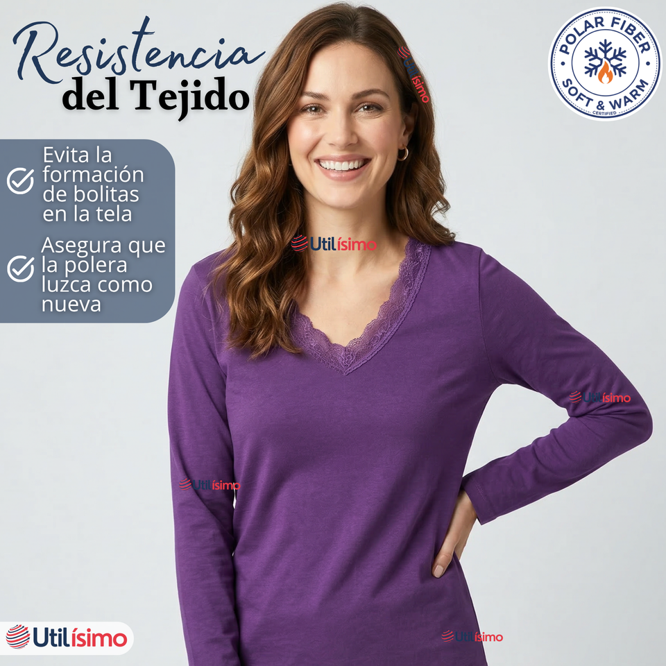 Camiseta Polera Polar Cuello V Manga Larga Con Encaje Colores Surtidos Mujer